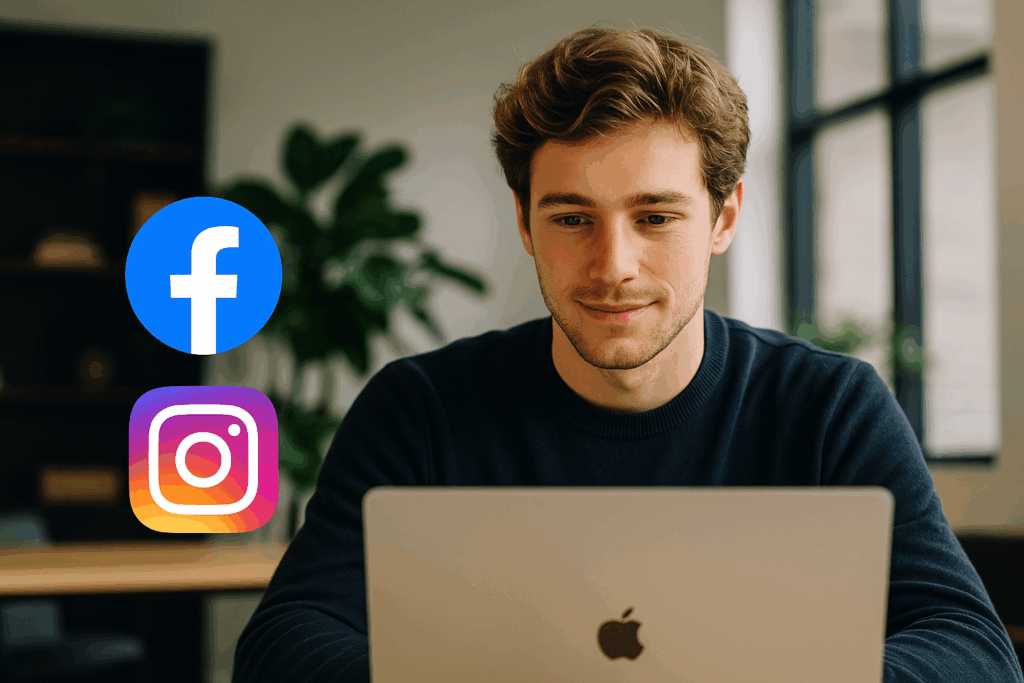 Młody mężczyzna w granatowym swetrze pracujący przy laptopie w jasnym, nowoczesnym biurze z ikonami Facebook i Instagram — ilustracja zaangażowania w „Prowadzenie social media Zabrze” w profesjonalnym środowisku.