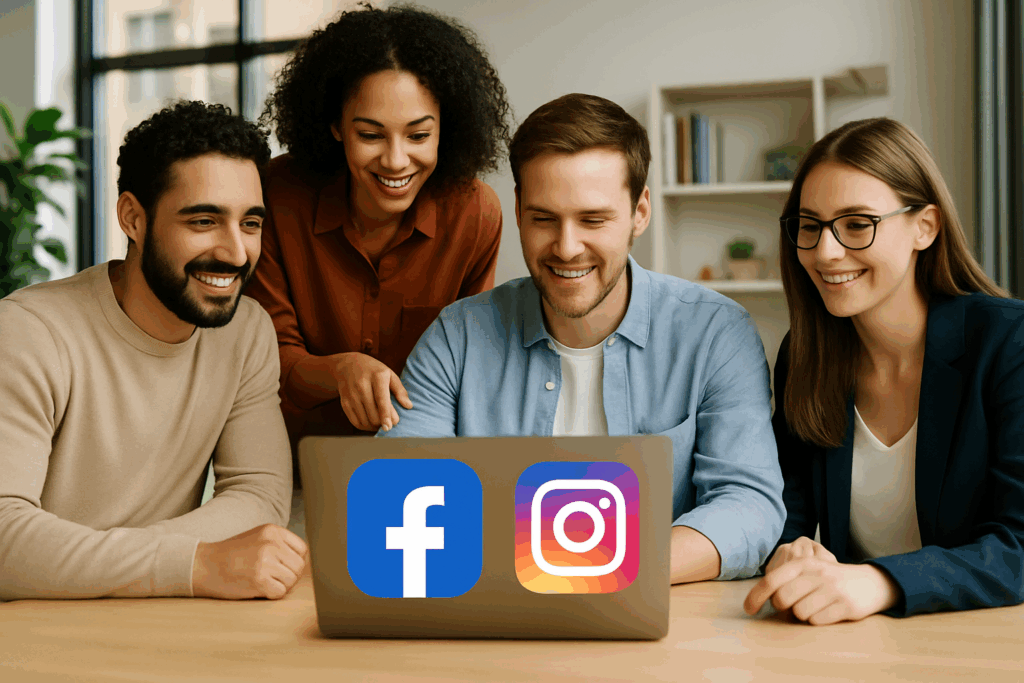 Cztery osoby pracujące razem przy laptopie w jasnym, nowoczesnym biurze z ikonami Facebook i Instagram — przyjazna scena ilustrująca „Prowadzenie social media Żory” w kreatywnym środowisku.