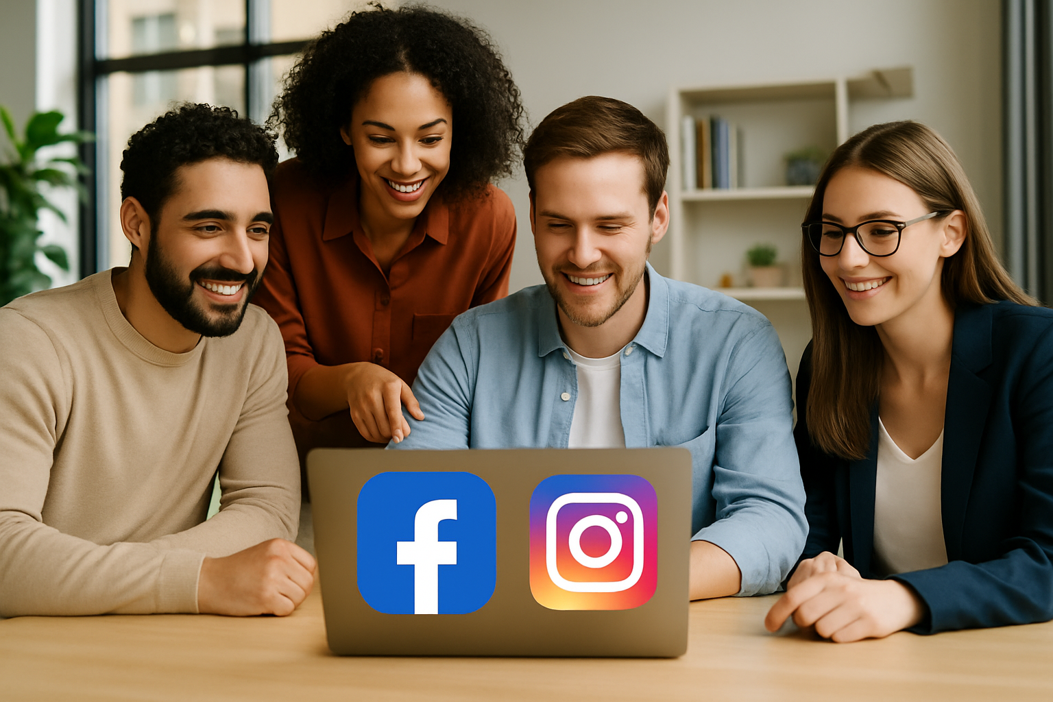 Cztery osoby pracujące razem przy laptopie w jasnym, nowoczesnym biurze z ikonami Facebook i Instagram — przyjazna scena ilustrująca „Prowadzenie social media Żory” w kreatywnym środowisku.