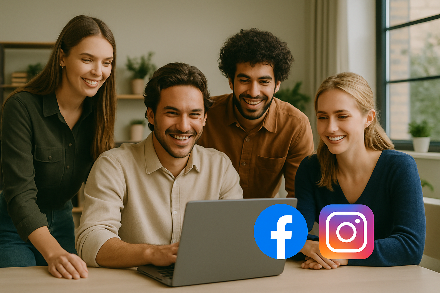 Cztery osoby współpracujące przy laptopie w jasnym, nowoczesnym biurze z dużymi oknami oraz ikonami Facebook i Instagram — przyjazna scena ilustrująca „Prowadzenie social media Żywiec”.