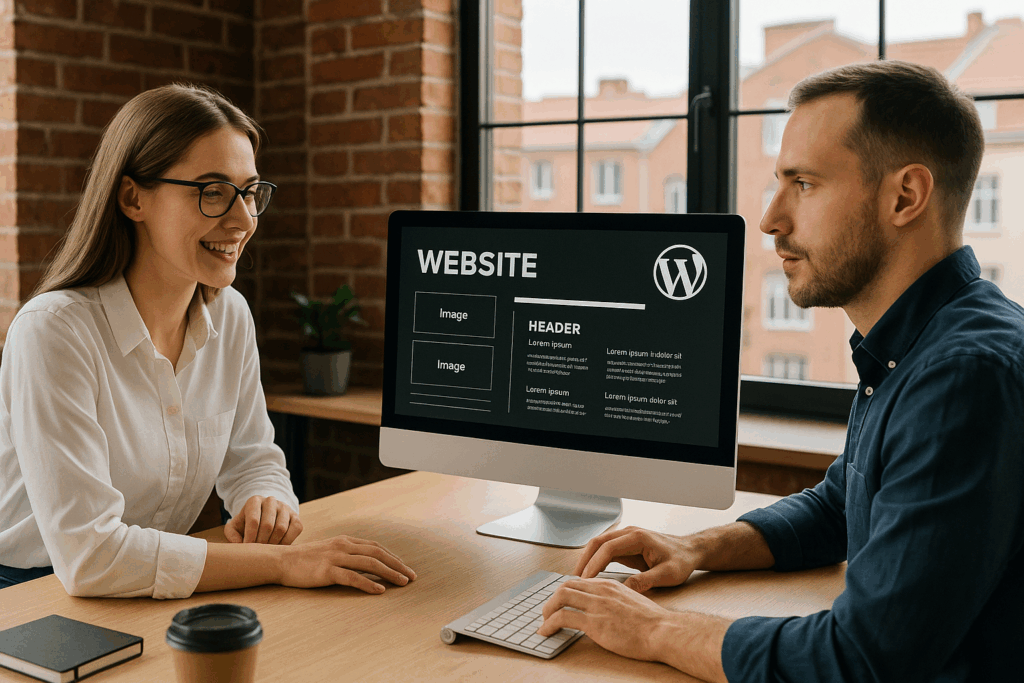 Tworzenie stron internetowych Bytom – współpraca nad projektem WordPress w nowoczesnym biurze z ceglaną ścianą