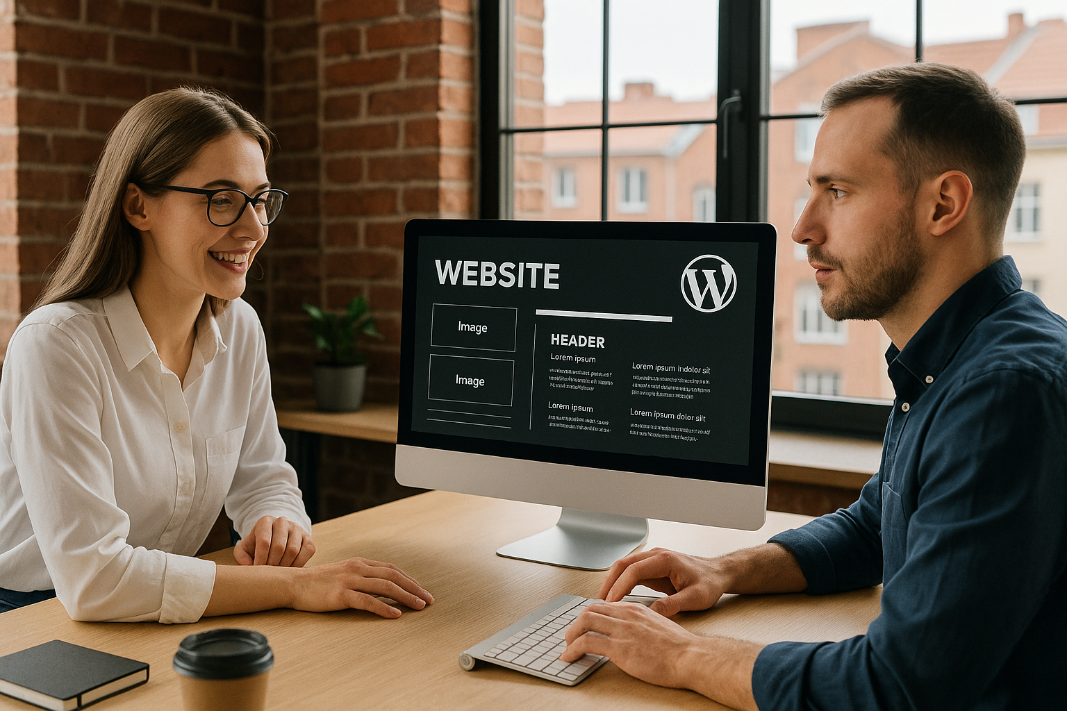 Tworzenie stron internetowych Bytom – współpraca nad projektem WordPress w nowoczesnym biurze z ceglaną ścianą