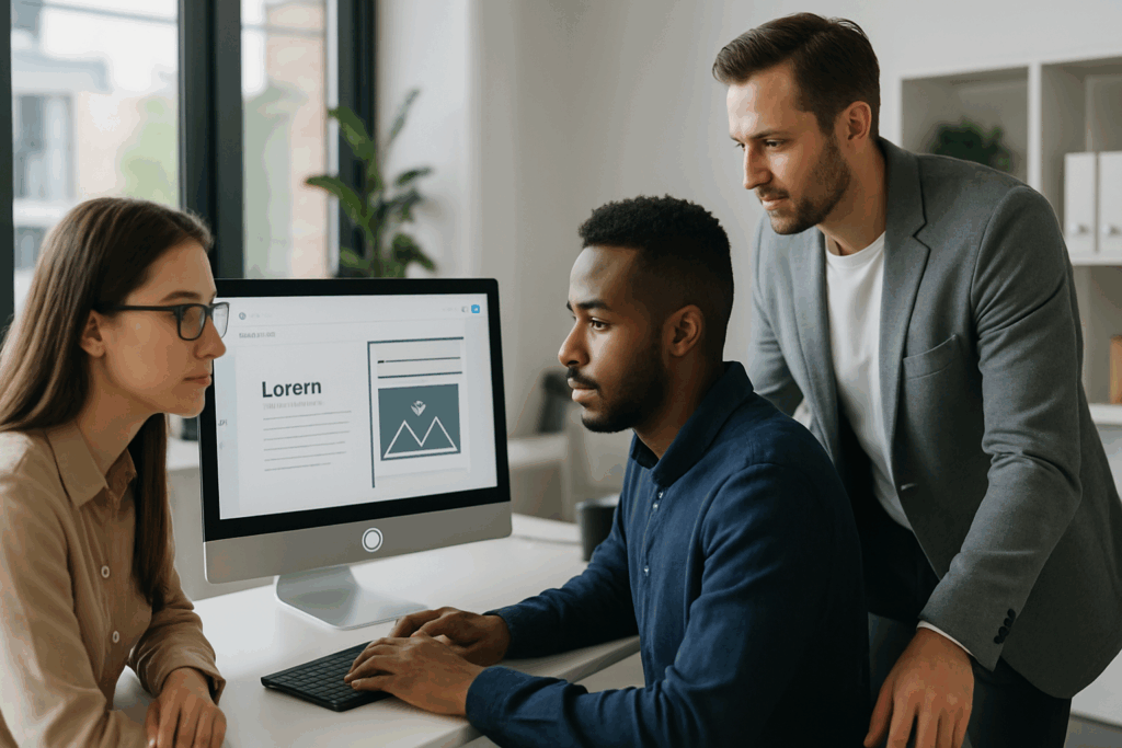 Tworzenie stron internetowych Chorzów – zespół projektujący stronę WordPress w jasnym, nowoczesnym biurze