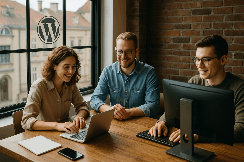 Tworzenie stron internetowych Cieszyn – zespół WordPress pracujący w coworkingu z widokiem na zabytkową starówkę