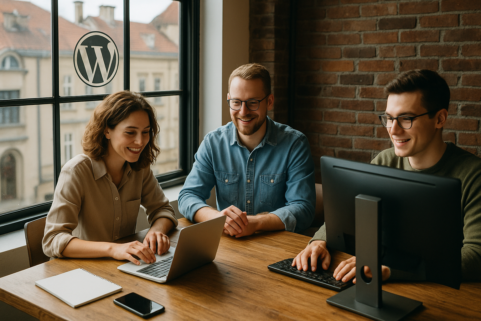 Tworzenie stron internetowych Cieszyn – zespół WordPress pracujący w coworkingu z widokiem na zabytkową starówkę