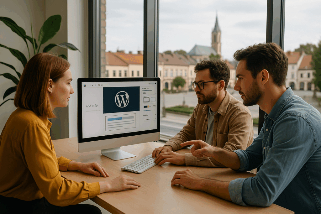 Tworzenie stron internetowych Czechowice-Dziedzice – zespół projektujący witrynę WordPress z widokiem na rynek miasta