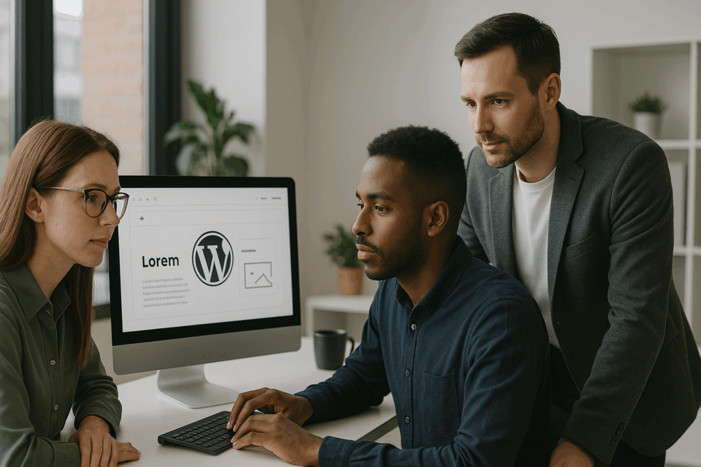 Tworzenie stron internetowych Dąbrowa Górnicza – zespół projektujący witrynę WordPress w jasnym biurze