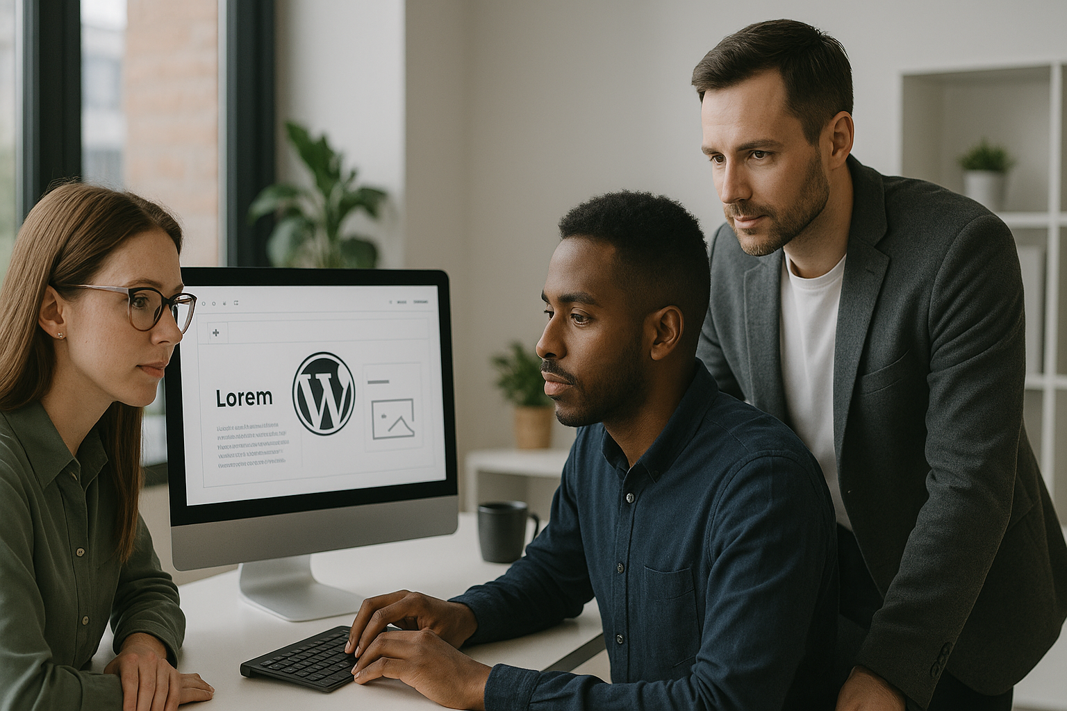 Tworzenie stron internetowych Dąbrowa Górnicza – zespół projektujący witrynę WordPress w jasnym biurze