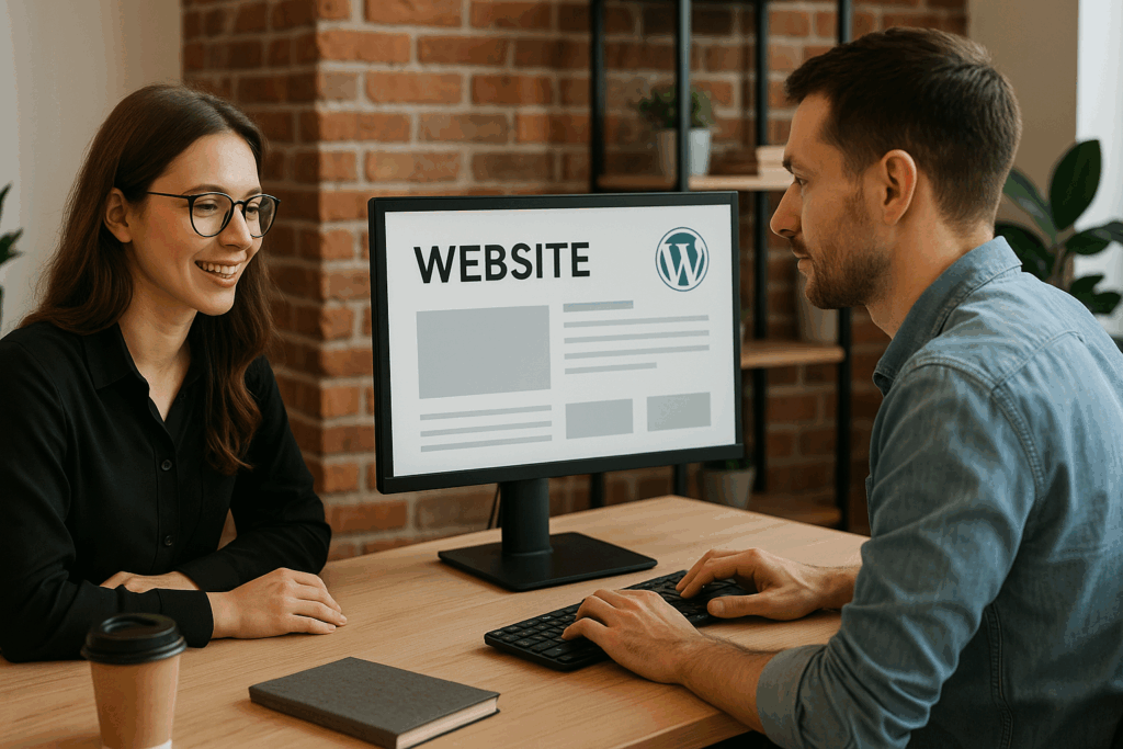 Tworzenie stron internetowych Jaworzno – dwoje specjalistów pracujących nad stroną WordPress w industrialnym biurze