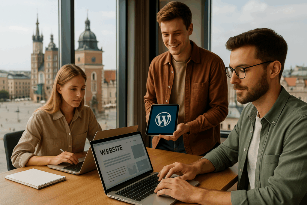 Tworzenie stron internetowych Kraków – młody zespół projektujący witrynę WordPress z widokiem na Bazylikę Mariacką