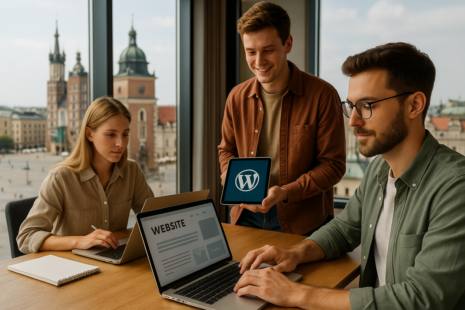 Tworzenie stron internetowych Kraków – młody zespół projektujący witrynę WordPress z widokiem na Bazylikę Mariacką