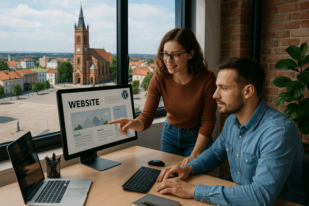 Tworzenie stron internetowych Mikołów – projektowanie witryny WordPress z widokiem na rynek i zabytkowy kościół