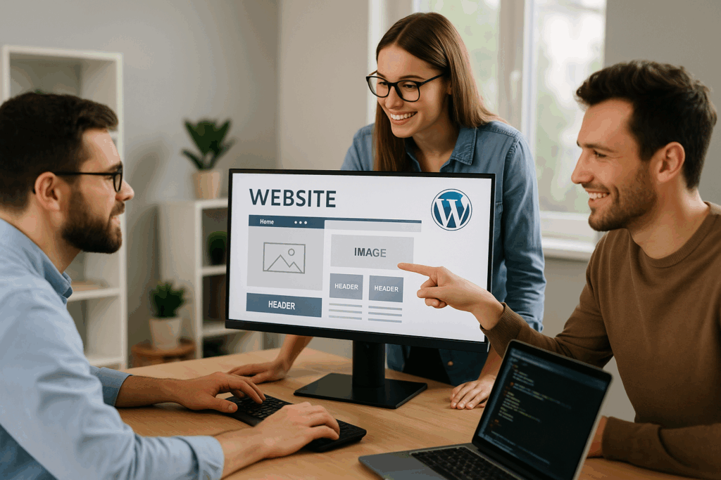 Tworzenie stron internetowych Mysłowice – zespół projektujący układ strony WordPress w nowoczesnym biurze