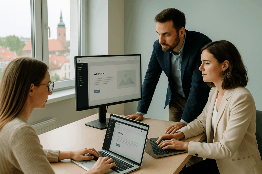 Tworzenie stron internetowych Oświęcim – zespół pracujący nad stroną WordPress w jasnym biurze z widokiem na miasto