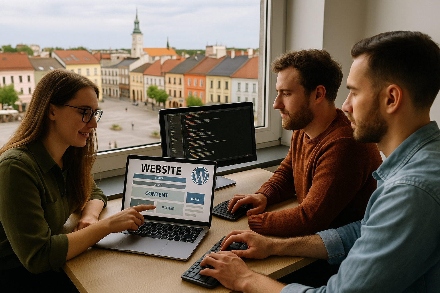 Tworzenie stron internetowych Rybnik – zespół projektujący witrynę WordPress z widokiem na rynek i ratusz