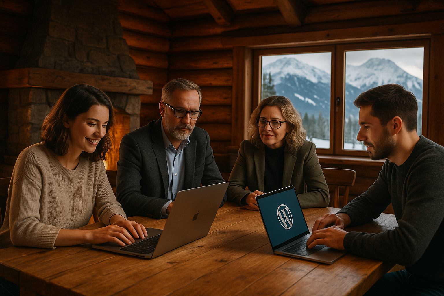 Tworzenie stron internetowych Szczyrk – praca zespołu nad stroną WordPress w górskiej chacie z widokiem na zaśnieżone szczyty