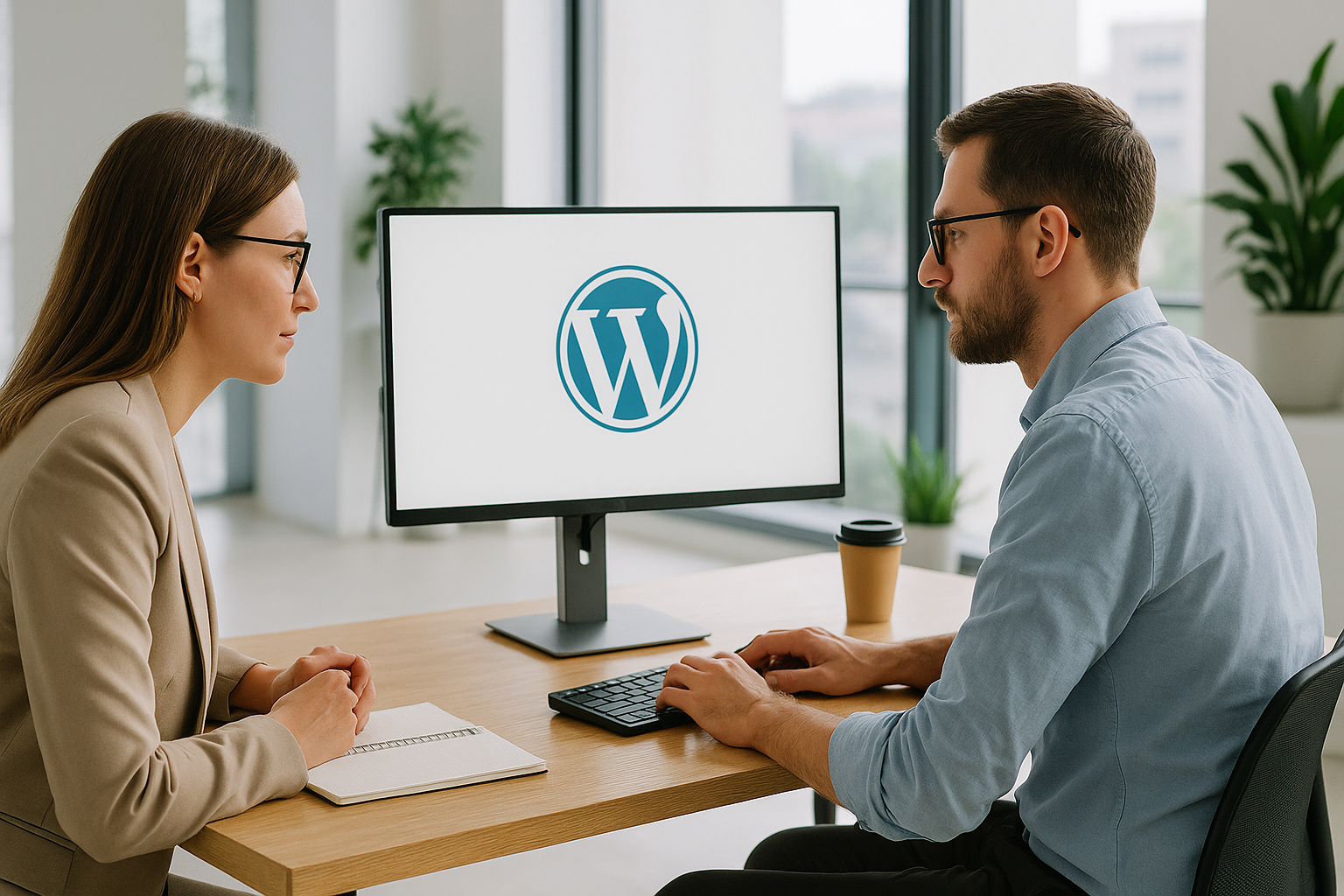 Tworzenie stron internetowych Tychy – dwóch specjalistów pracujących przy projekcie WordPress w nowoczesnym biurze