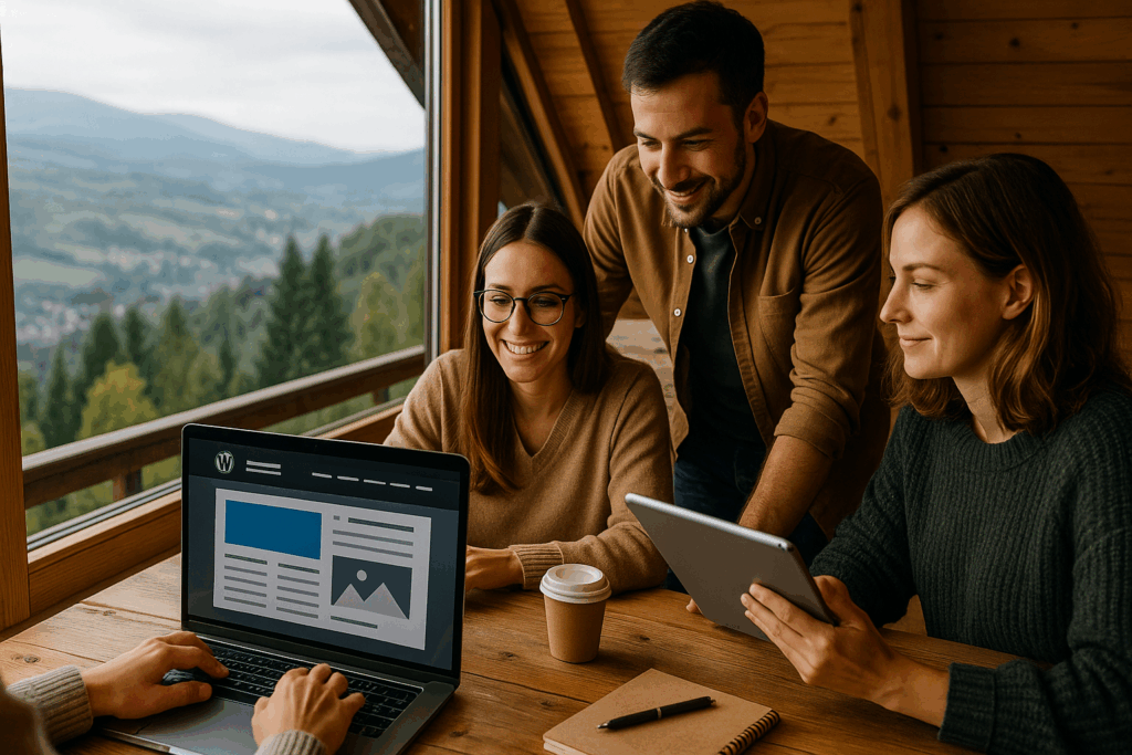 Tworzenie stron internetowych Ustroń – praca zespołu nad projektem WordPress w górskiej chacie z widokiem na Beskidy