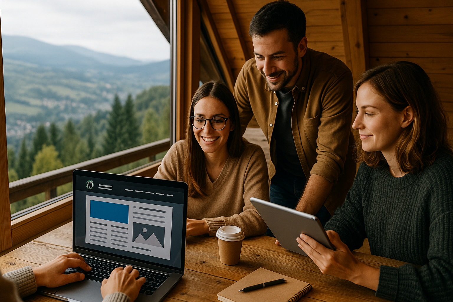 Tworzenie stron internetowych Ustroń – praca zespołu nad projektem WordPress w górskiej chacie z widokiem na Beskidy