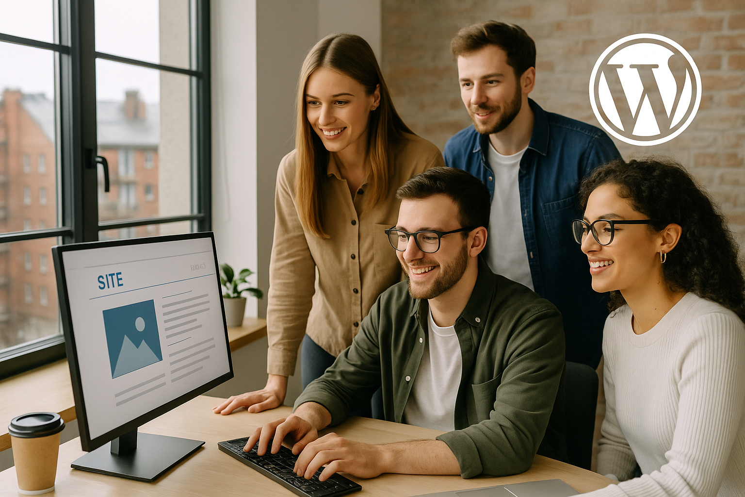 Tworzenie stron internetowych Żory – zespół młodych specjalistów pracujących nad projektem WordPress w jasnym biurze
