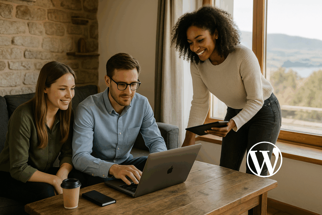 Tworzenie stron internetowych Żywiec – zespół pracujący nad stroną WordPress w przytulnym wnętrzu z widokiem na jezioro i góry