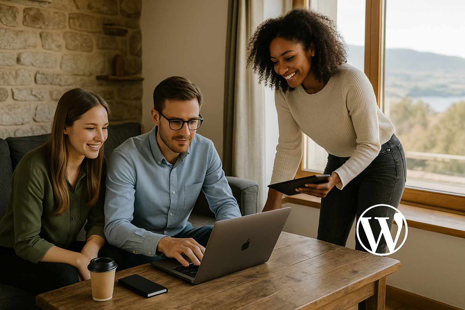 Tworzenie stron internetowych Żywiec – zespół pracujący nad stroną WordPress w przytulnym wnętrzu z widokiem na jezioro i góry