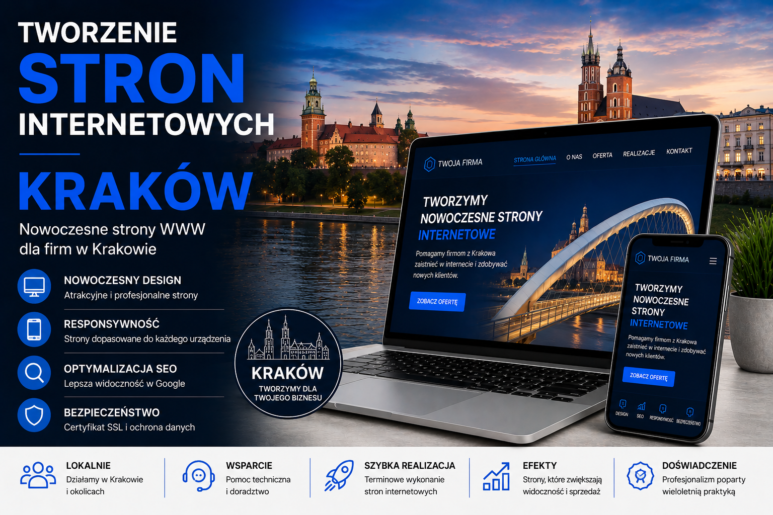 Tworzenie stron internetowych Kraków - nowoczesne strony WWW dla firm, responsywny design, optymalizacja SEO i profesjonalne projektowanie stron internetowych w Krakowie.