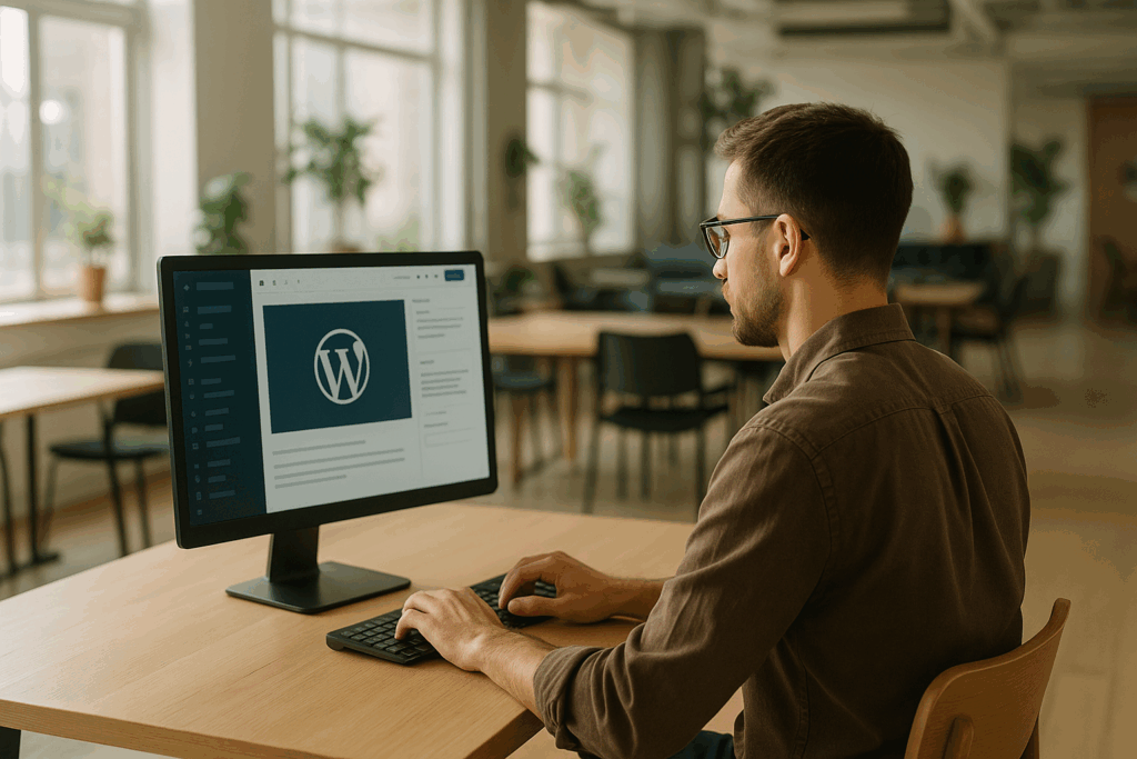 Tworzenie stron internetowych Zabrze – programista pracujący nad stroną WordPress w nowoczesnym biurze