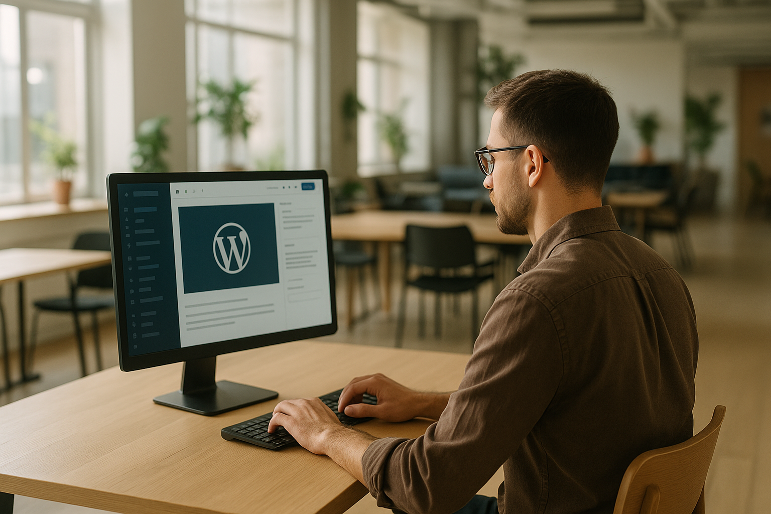 Tworzenie stron internetowych Zabrze – programista pracujący nad stroną WordPress w nowoczesnym biurze