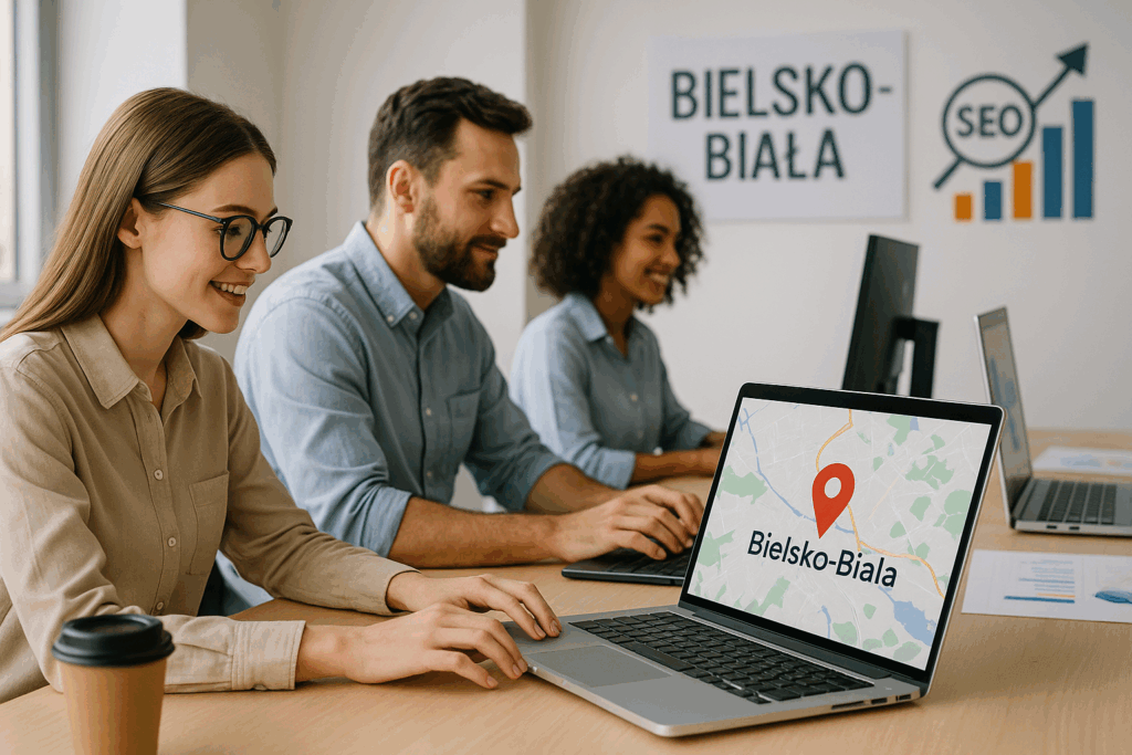 Zespół trzech osób pracujących w jasnym biurze nad lokalnym SEO; na laptopie mapa z lokalizacją „Bielsko-Biała”, w tle plakaty z nazwą miasta i wykresem SEO, a na biurkach komputery i notatki.