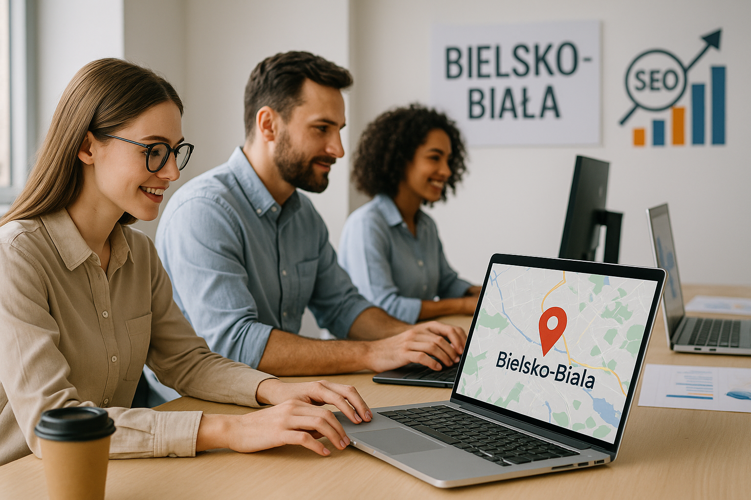 Zespół trzech osób pracujących w jasnym biurze nad lokalnym SEO; na laptopie mapa z lokalizacją „Bielsko-Biała”, w tle plakaty z nazwą miasta i wykresem SEO, a na biurkach komputery i notatki.
