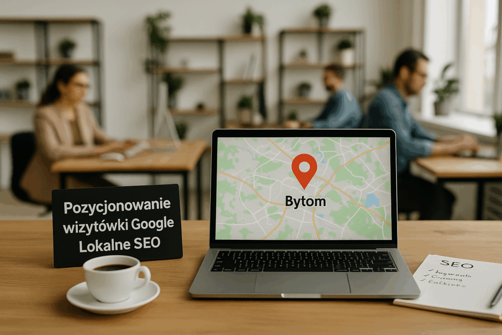 Laptop z wyświetloną mapą i lokalizacją „Bytom” ustawiony na biurku w jasnym, nowoczesnym biurze; obok czarna tabliczka „Pozycjonowanie wizytówki Google – Lokalne SEO”, filiżanka kawy oraz notatnik z punktami SEO, w tle pracownicy przy komputerach.