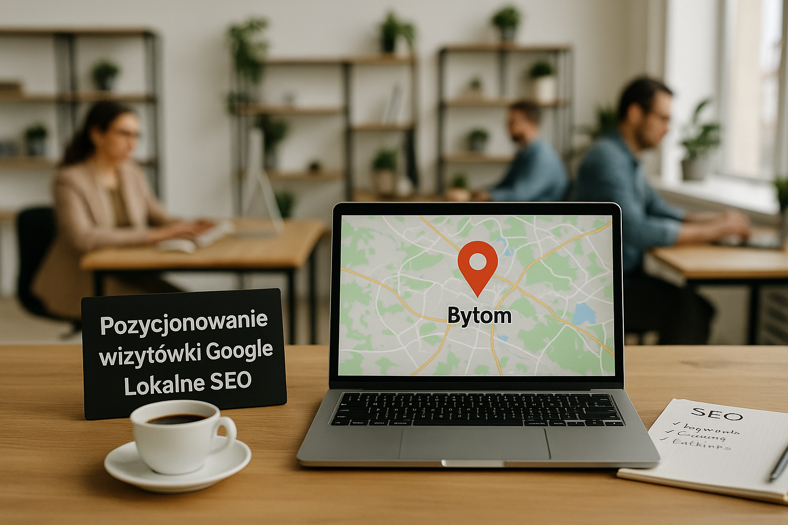 Laptop z wyświetloną mapą i lokalizacją „Bytom” ustawiony na biurku w jasnym, nowoczesnym biurze; obok czarna tabliczka „Pozycjonowanie wizytówki Google – Lokalne SEO”, filiżanka kawy oraz notatnik z punktami SEO, w tle pracownicy przy komputerach.