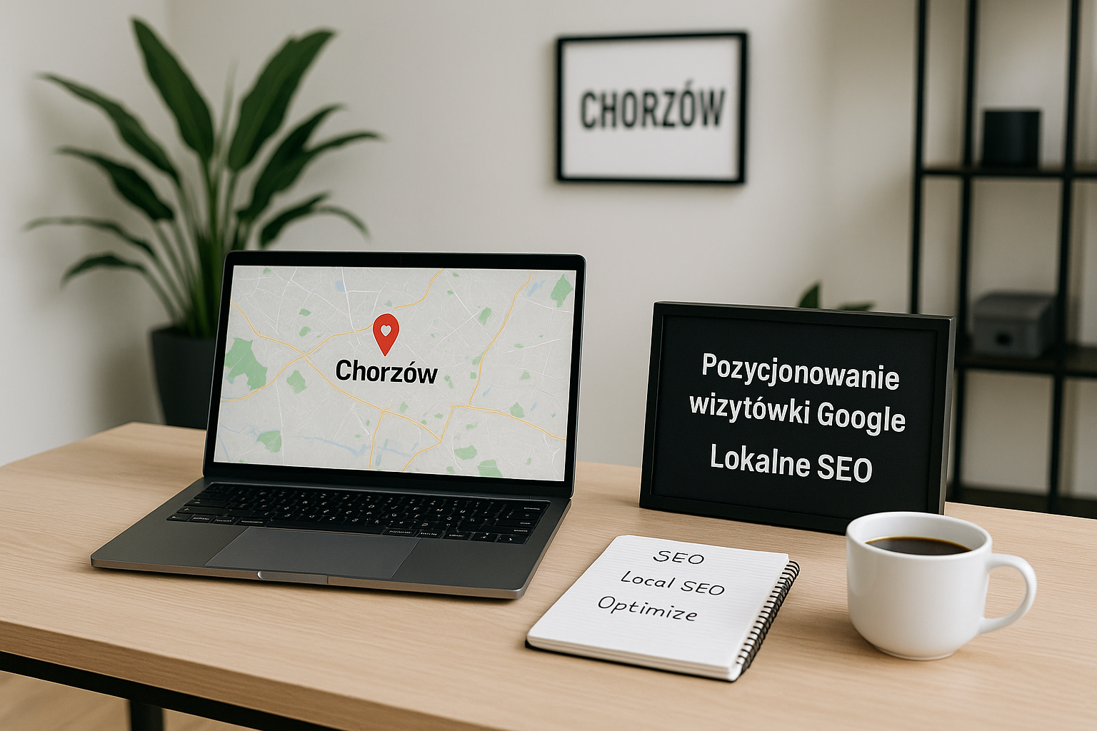 Laptop z wyświetloną mapą i pinezką w Chorzowie na biurku w nowoczesnym biurze; obok czarna tabliczka z napisem „Pozycjonowanie wizytówki Google – Lokalne SEO”, notatnik z hasłami SEO i filiżanka kawy.