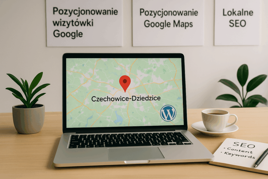 Laptop z mapą i pinezką wskazującą „Czechowice-Dziedzice” ustawiony na biurku w jasnym biurze; wokół filiżanka kawy, rośliny, notatnik z hasłami SEO, a na ścianie plakaty z napisami „Pozycjonowanie wizytówki Google”, „Pozycjonowanie Google Maps” i „Lokalne SEO”.
