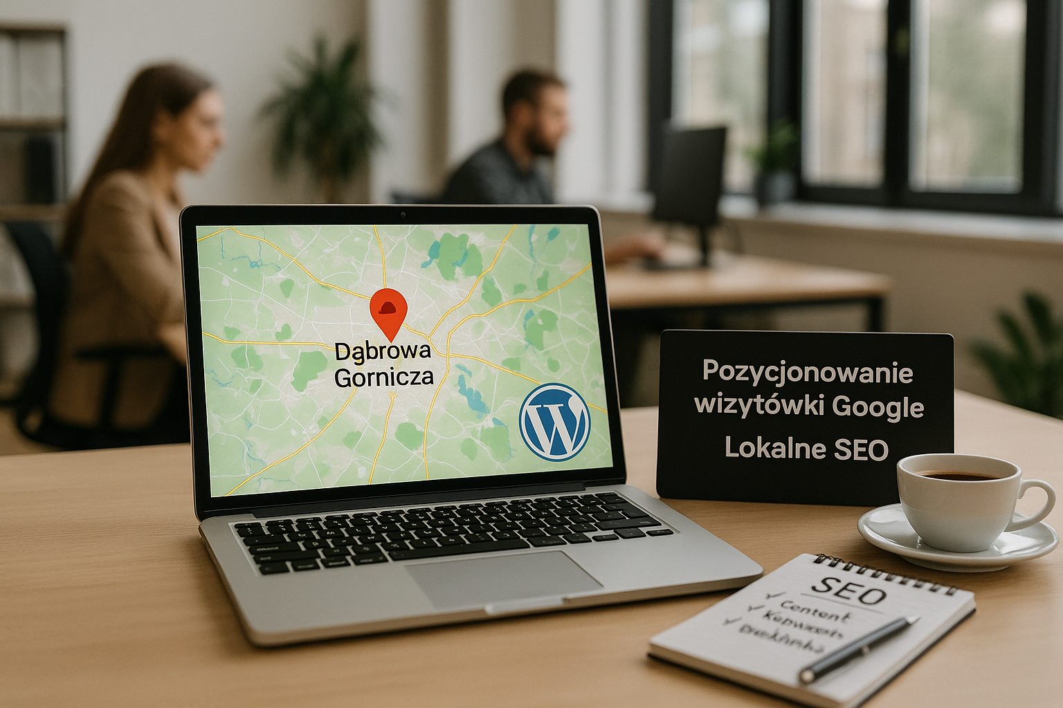 Laptop z mapą i pinezką lokalizacji „Dąbrowa Górnicza” w nowoczesnym biurze; obok czarna tabliczka z napisem „Pozycjonowanie wizytówki Google – Lokalne SEO”, filiżanka kawy oraz notatnik z frazami SEO. W tle pracownicy przy komputerach.
