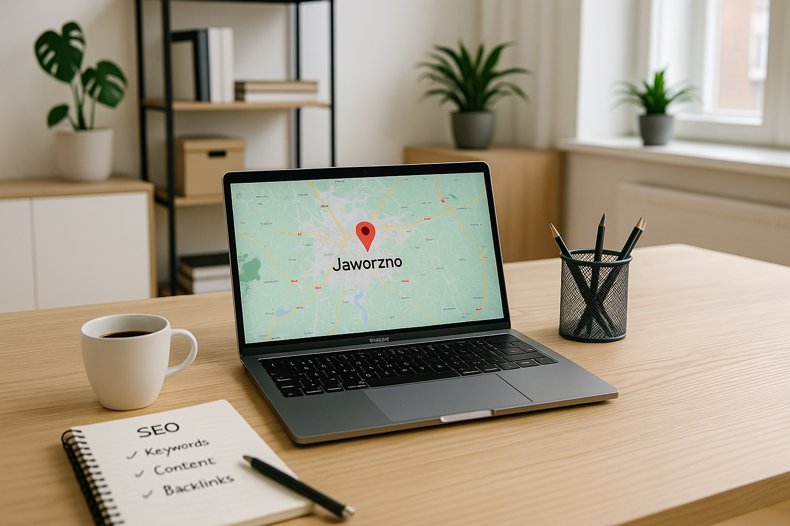 Laptop z wyświetloną mapą i pinezką „Jaworzno” ustawiony na drewnianym biurku; obok filiżanka kawy, notatnik z listą SEO (keywords, content, backlinks) i kubek z ołówkami, w tle minimalistyczne biuro z roślinami.