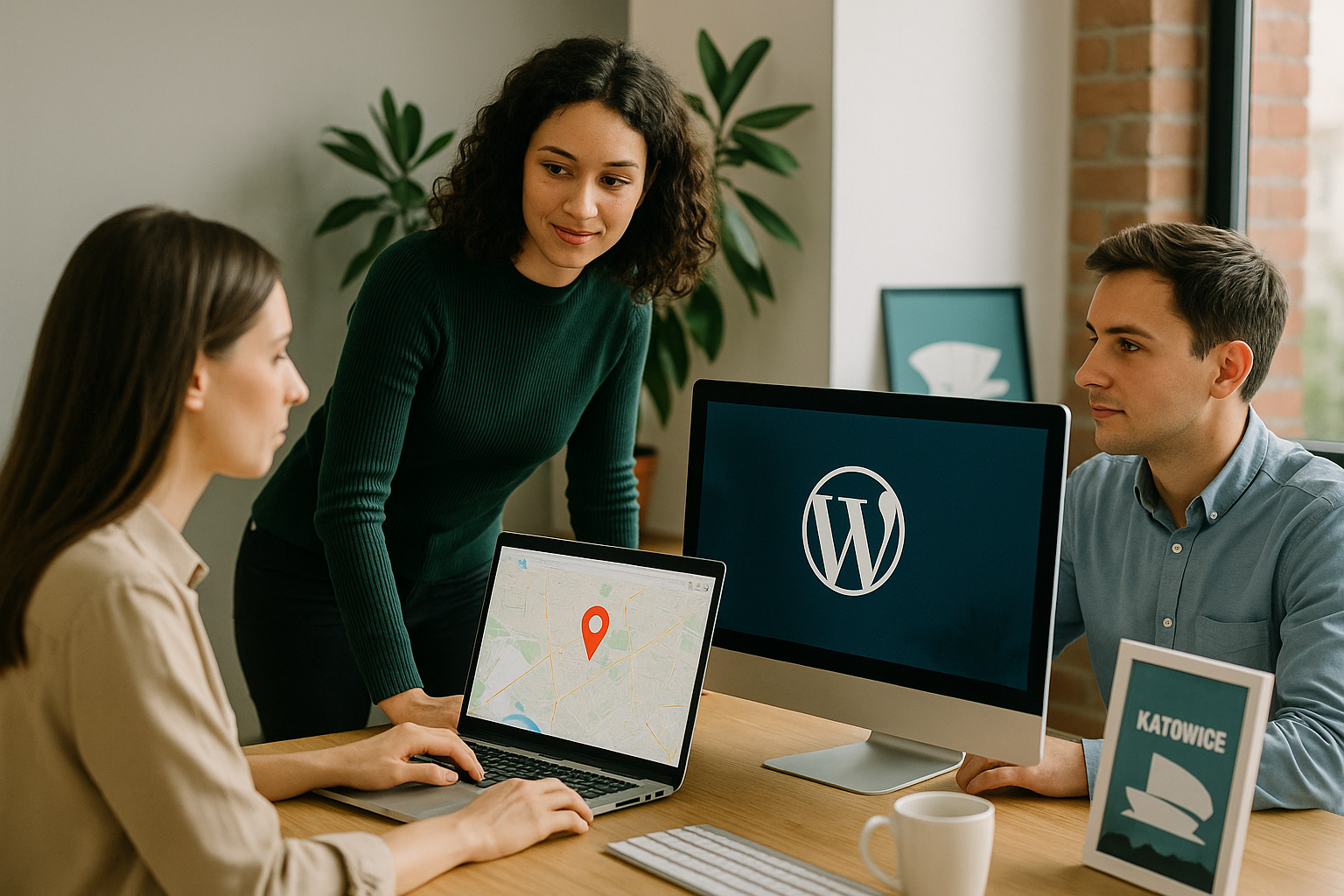 Zespół trzech osób pracujący w nowoczesnym biurze nad pozycjonowaniem wizytówki Google; na ekranach komputera widoczne logo WordPressa i mapa z pinezką lokalizacji, w tle subtelne odniesienie do miasta Katowice.