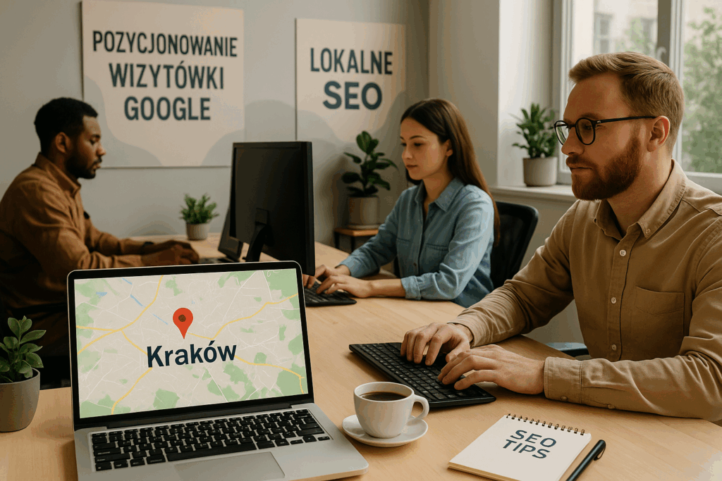 Trzy osoby pracujące przy komputerach w nowoczesnym biurze nad lokalnym SEO; na pierwszym planie laptop z mapą i lokalizacją „Kraków”, w tle plakaty z hasłami „Pozycjonowanie wizytówki Google” i „Lokalne SEO”, a na biurku notatnik „SEO Tips” i filiżanka kawy.