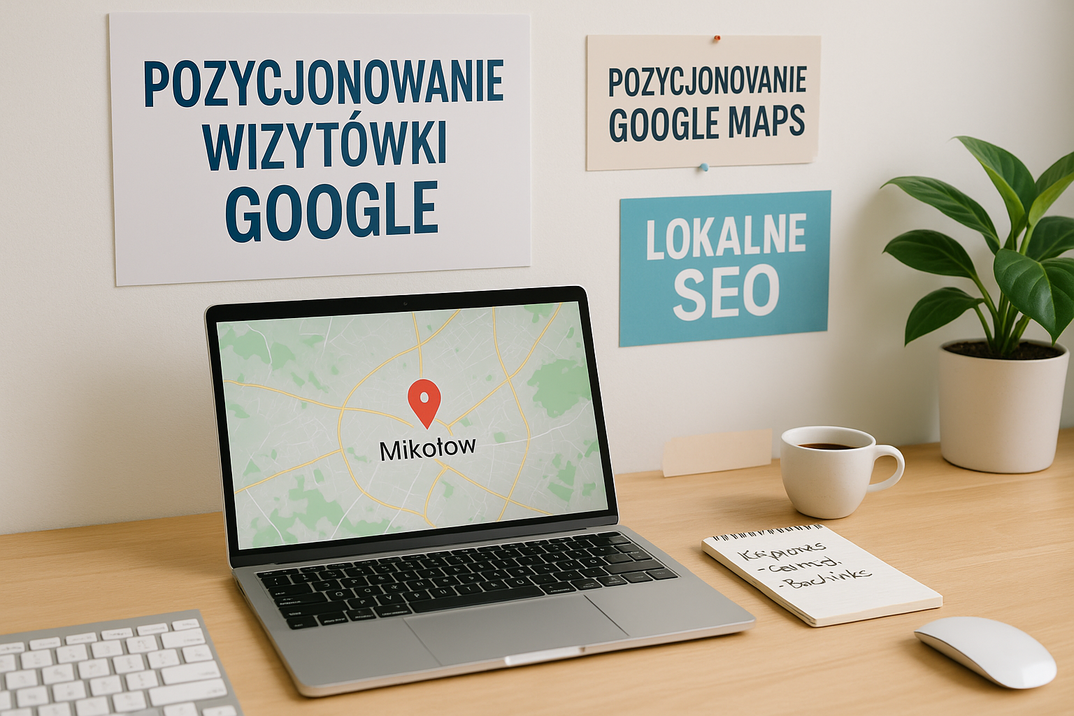 Laptop z mapą i zaznaczoną lokalizacją „Mikołów” na biurku; nad nim plakaty z napisami „Pozycjonowanie wizytówki Google”, „Pozycjonowanie Google Maps” i „Lokalne SEO”; obok filiżanka kawy, notatnik z frazami SEO oraz roślina w doniczce.