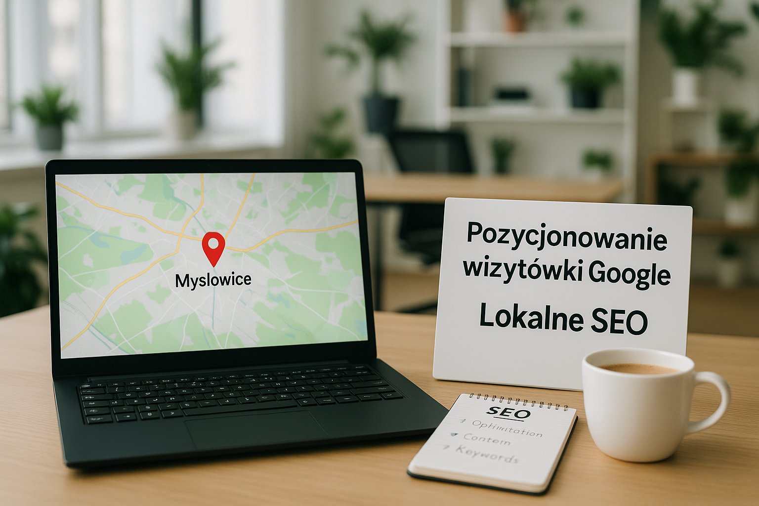 Laptop wyświetlający mapę z lokalizacją „Mysłowice” w jasnym biurze; obok tabliczka z napisem „Pozycjonowanie wizytówki Google – Lokalne SEO”, notes z hasłami SEO oraz filiżanka kawy na drewnianym biurku.