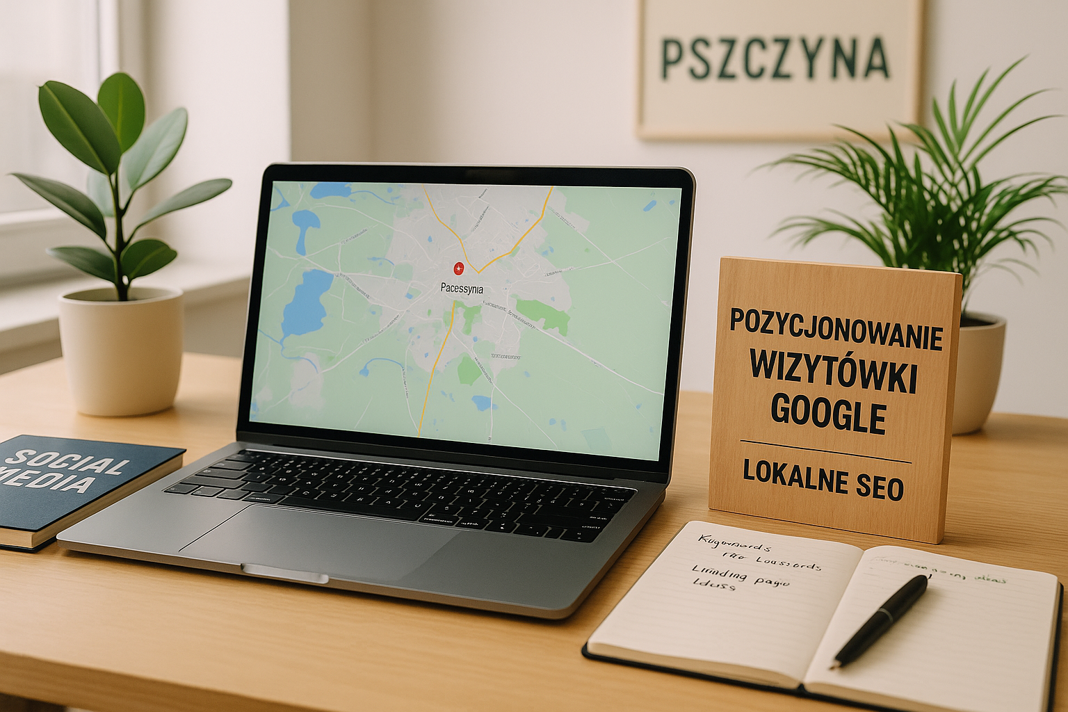 Nowoczesne biuro z laptopem wyświetlającym mapę Pszczyny i pinezką lokalizacji; obok notes z hasłami SEO, książka „Social Media” oraz tabliczka z napisem „Pozycjonowanie wizytówki Google – Lokalne SEO”, w tle plakat z nazwą miasta.