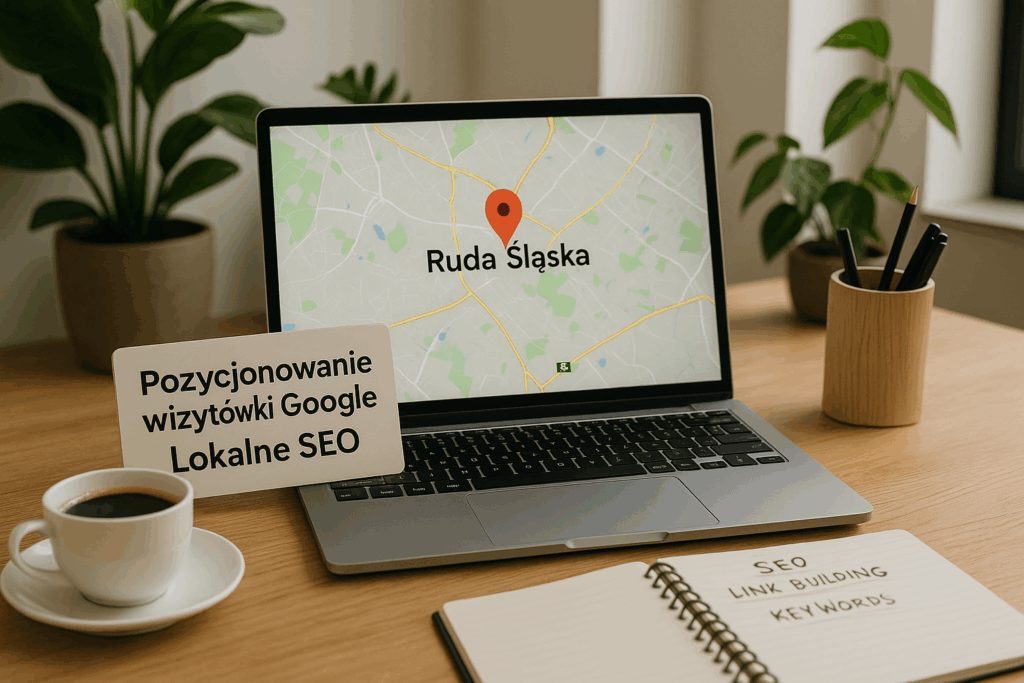 Laptop z mapą i zaznaczoną lokalizacją „Ruda Śląska” na biurku w jasnym biurze; obok tabliczka „Pozycjonowanie wizytówki Google – Lokalne SEO”, filiżanka kawy, notatnik z hasłami SEO i pojemnik na ołówki, otoczone zielonymi roślinami.