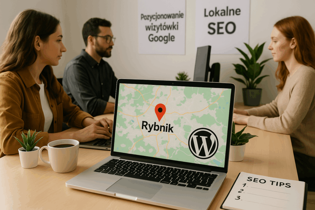 Laptop z mapą i zaznaczoną lokalizacją „Rybnik” w nowoczesnym biurze; wokół trzy osoby pracujące przy komputerach, plakaty z hasłami „Pozycjonowanie wizytówki Google” i „Lokalne SEO”, filiżanka kawy, rośliny i notatnik z miejscem na porady SEO.