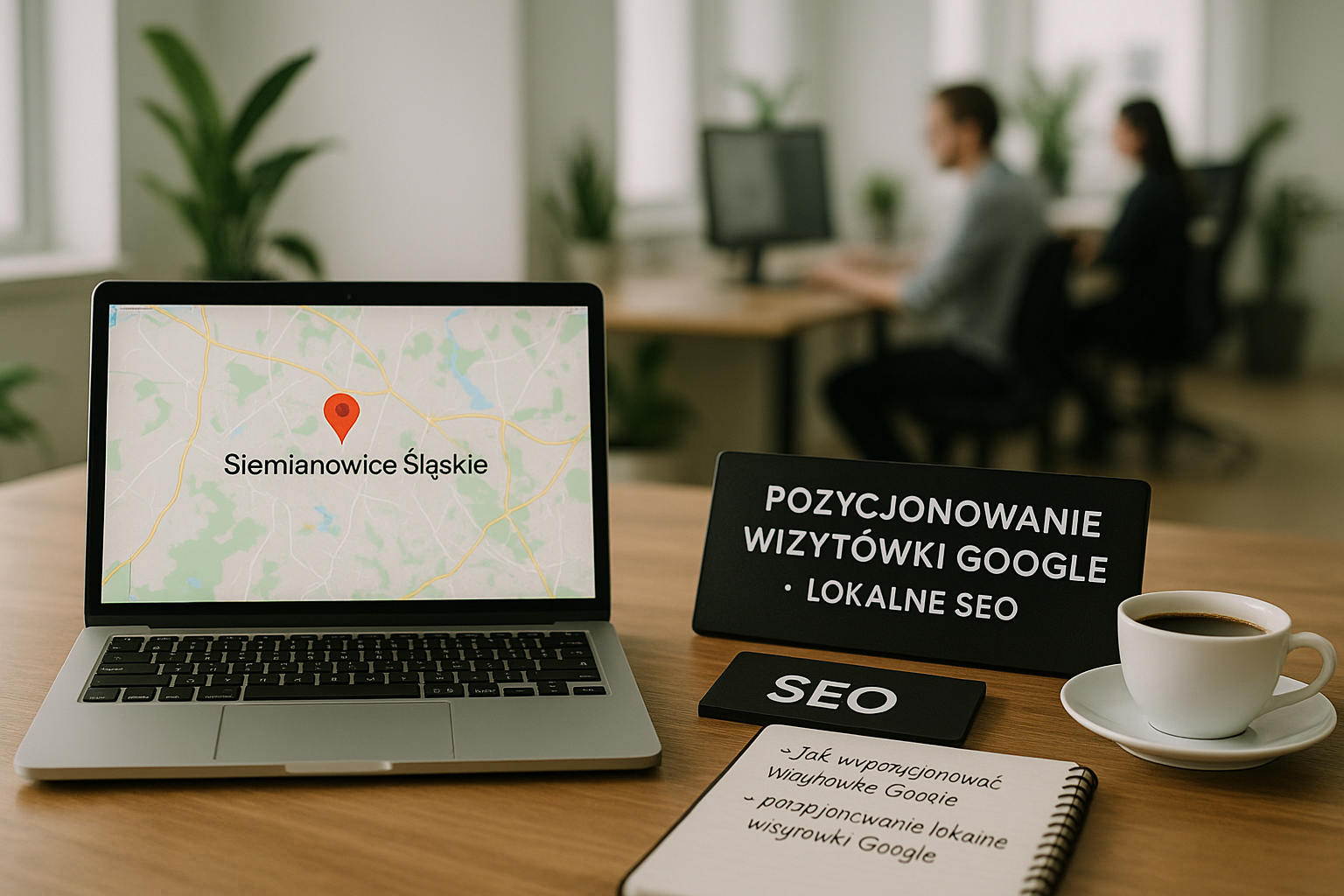 Laptop z mapą i zaznaczoną lokalizacją „Siemianowice Śląskie” ustawiony na biurku w nowoczesnym biurze; obok tabliczka z napisem „Pozycjonowanie wizytówki Google – Lokalne SEO”, notes z frazami SEO oraz filiżanka kawy, w tle pracownicy przy komputerach.