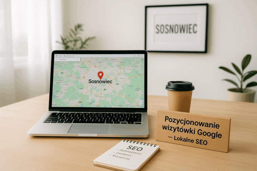 Laptop wyświetlający mapę z lokalizacją „Sosnowiec” na tle jasnego biura; obok tabliczka z napisem „Pozycjonowanie wizytówki Google – Lokalne SEO”, notes z hasłami SEO oraz kubek z kawą.
