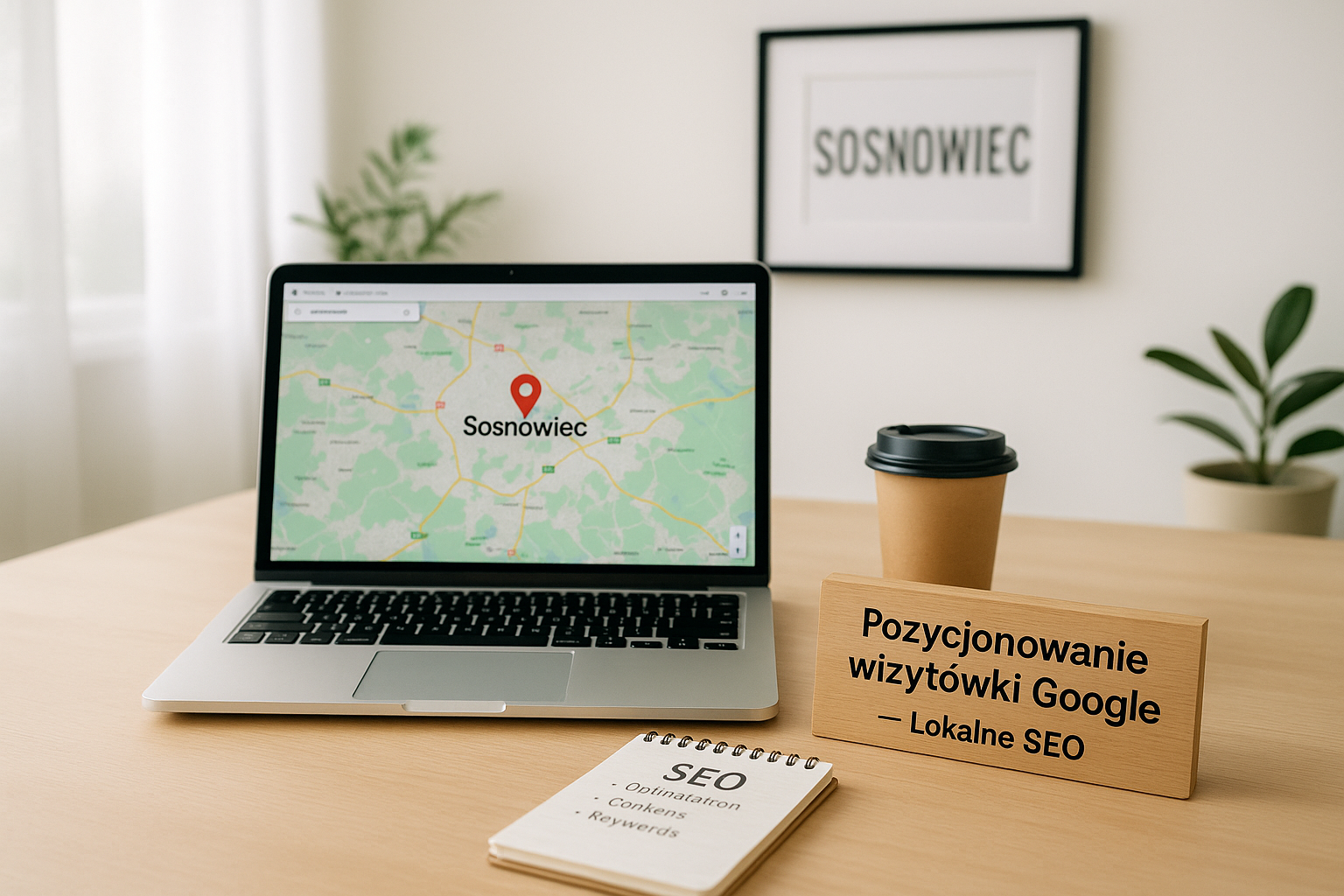 Laptop wyświetlający mapę z lokalizacją „Sosnowiec” na tle jasnego biura; obok tabliczka z napisem „Pozycjonowanie wizytówki Google – Lokalne SEO”, notes z hasłami SEO oraz kubek z kawą.