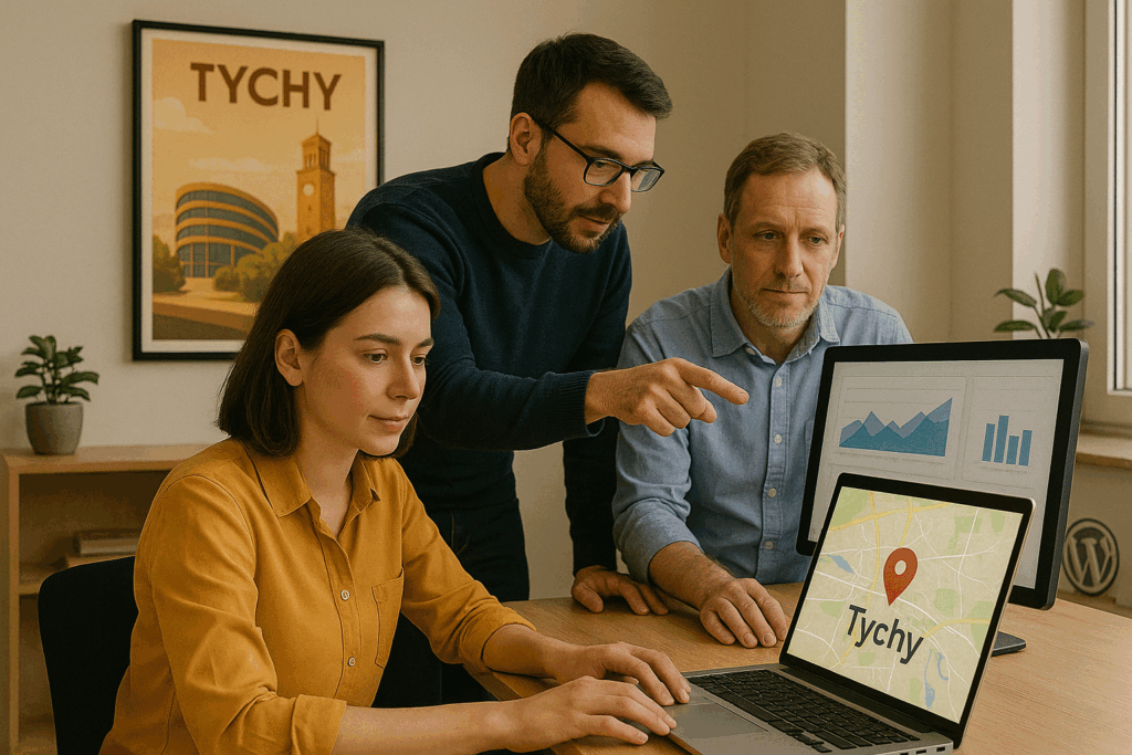 Trzy osoby współpracujące przy komputerach w nowoczesnym biurze nad lokalnym SEO w Tychach; na laptopie widoczna mapa z lokalizacją „Tychy”, w tle plakat z nazwą miasta i wykresy SEO.