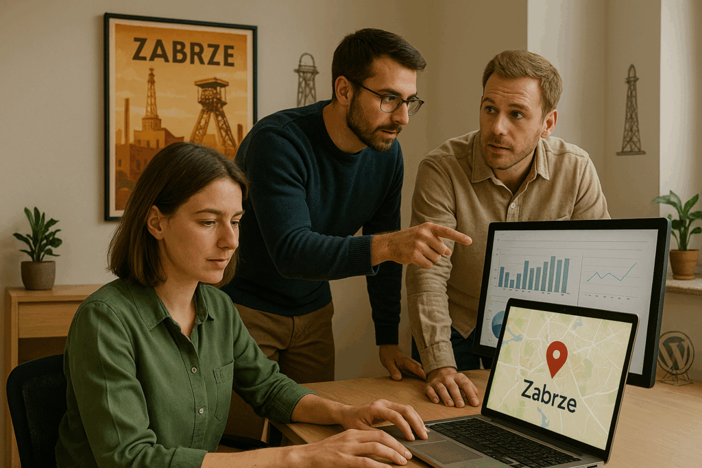 Trzy osoby współpracujące w nowoczesnym biurze nad pozycjonowaniem wizytówki Google; na laptopie widoczna mapa z napisem „Zabrze”, w tle charakterystyczny plakat miasta i wykresy SEO na monitorze.