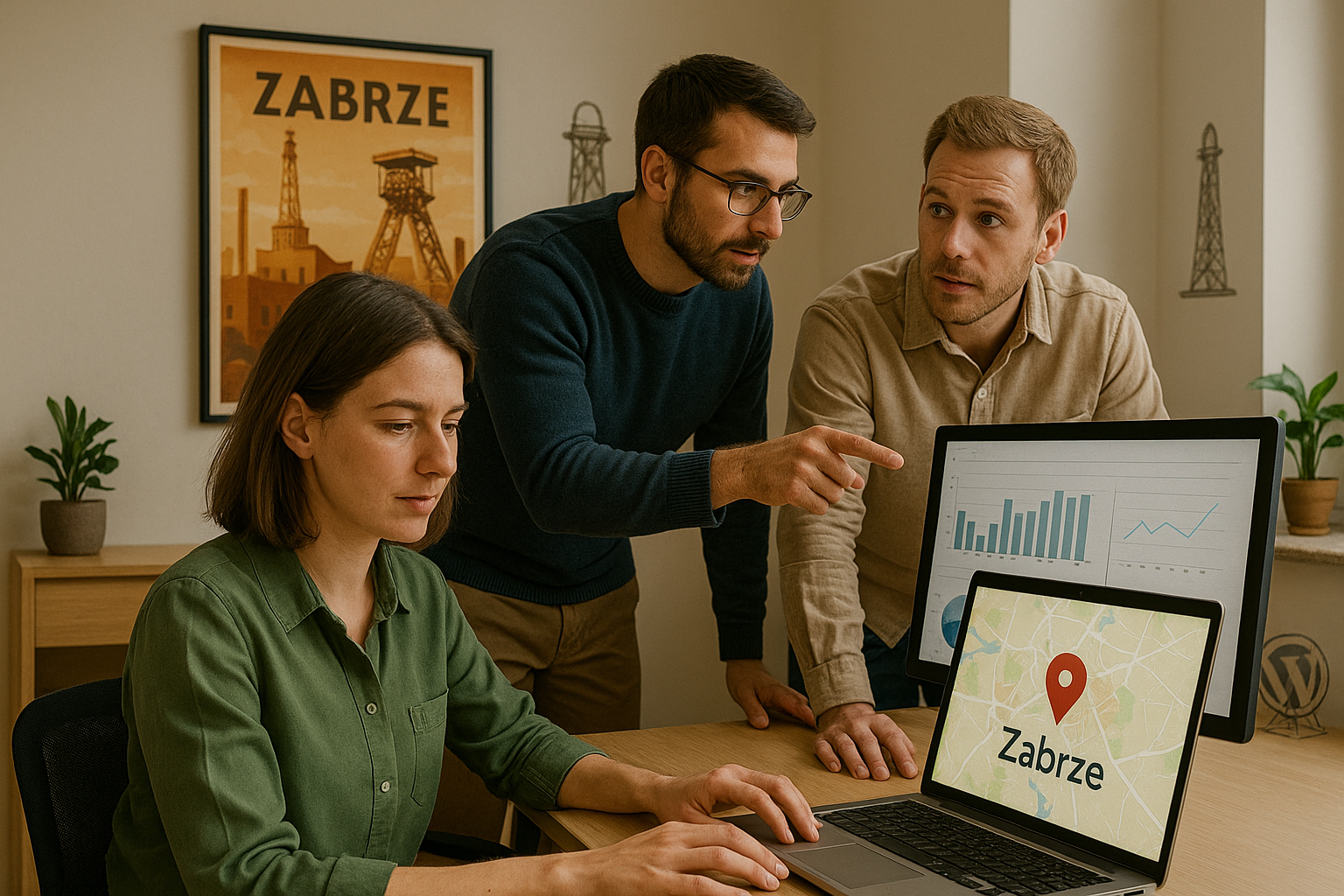 Trzy osoby współpracujące w nowoczesnym biurze nad pozycjonowaniem wizytówki Google; na laptopie widoczna mapa z napisem „Zabrze”, w tle charakterystyczny plakat miasta i wykresy SEO na monitorze.